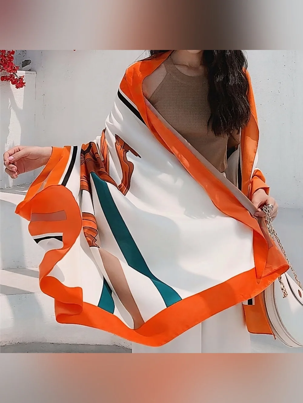 Elegant White & Orange Horse-Print Silk Scarf Wrap